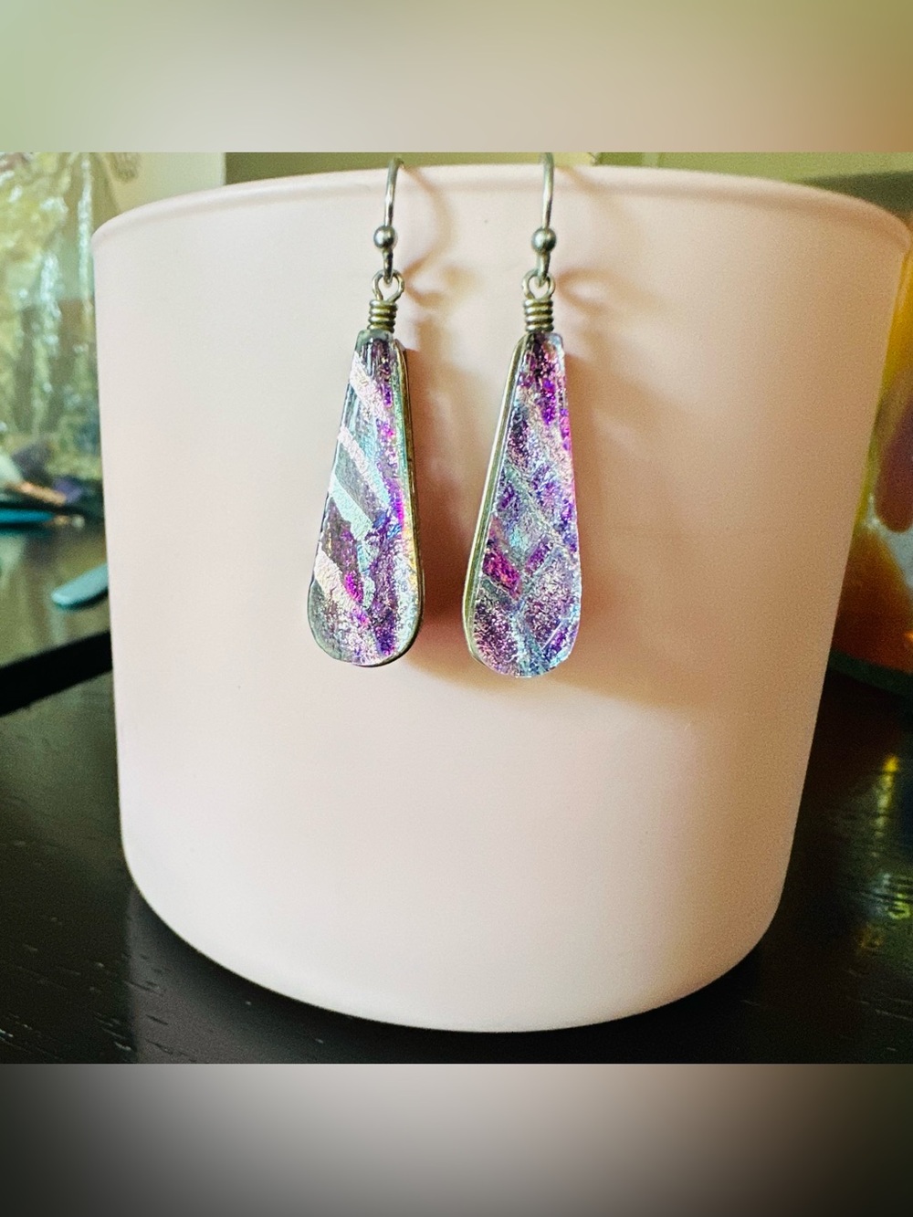 Iridescent Art Glass Teardrop Dangle Earrings Pink Purple Aqua